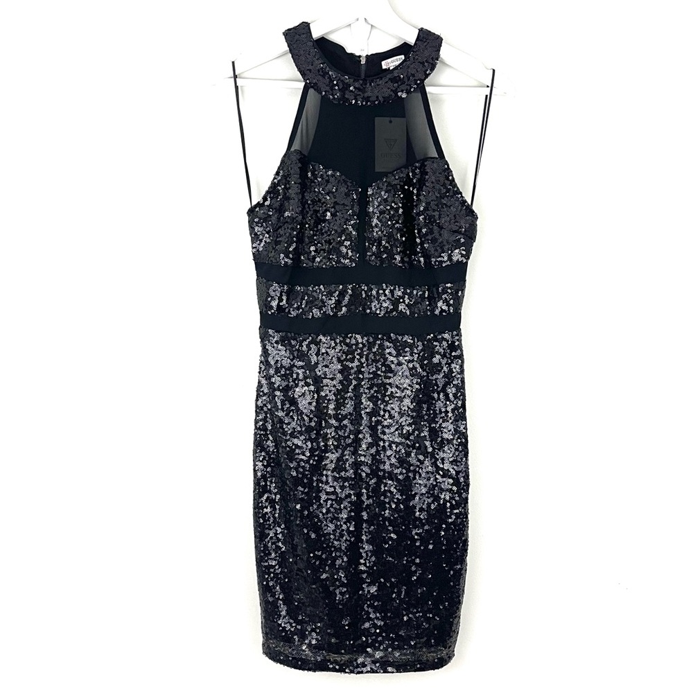 Guess Aliza Sequin Dress Bodycon Halter Mini Style in Jet Black